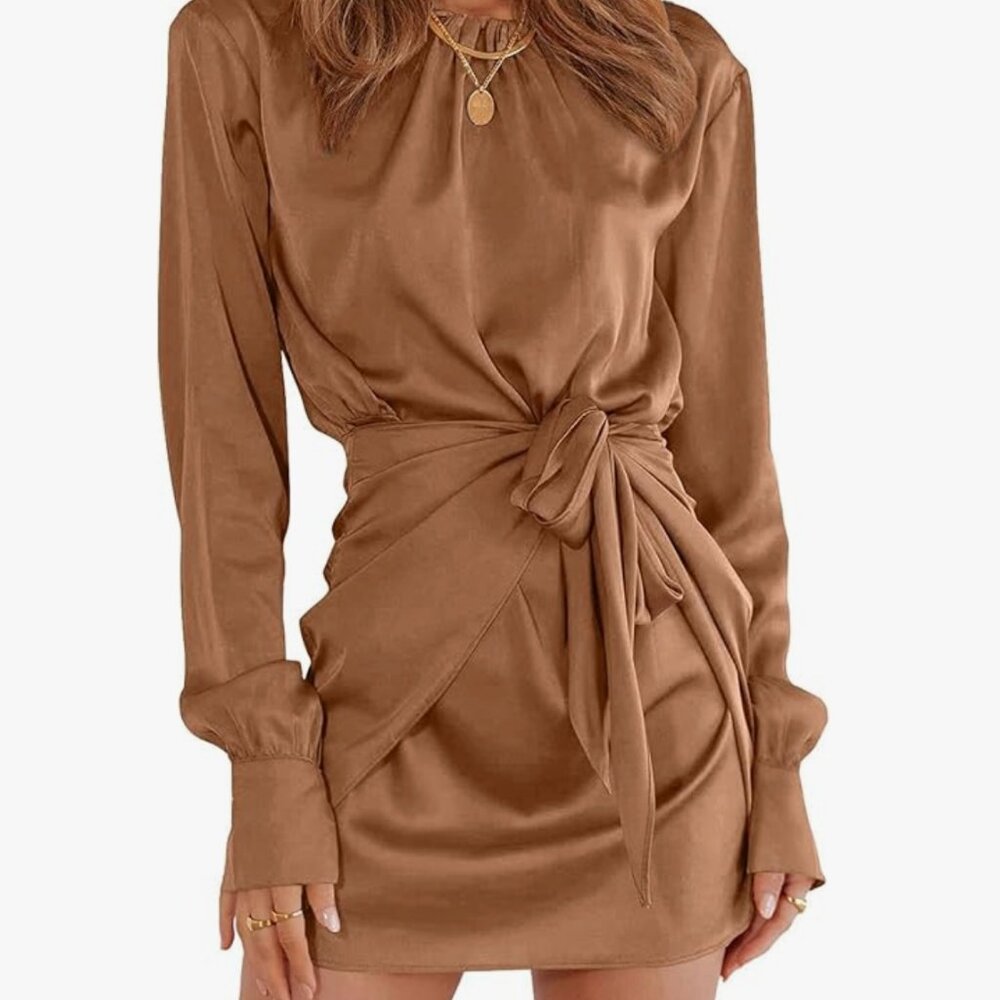 PRETTYGARDEN • Spring Satin Dress Long Sleeve Tie Waist Dress